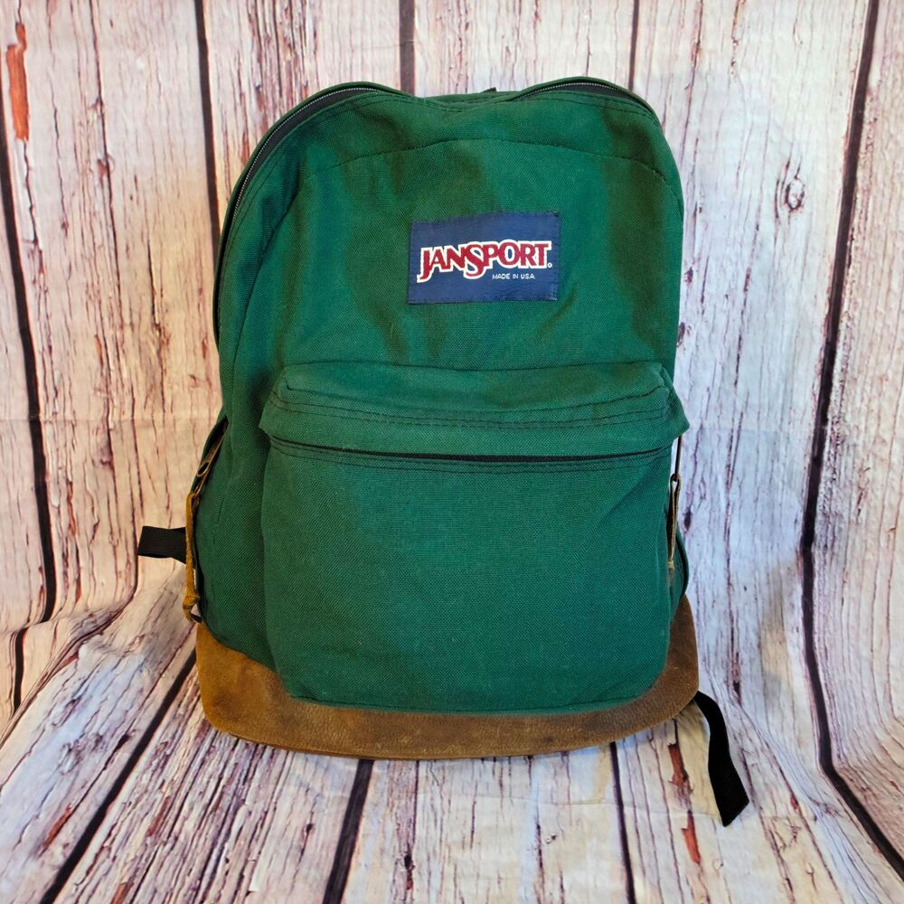 JanSport Right Pack Green/Brown Leather Bottom Backpack Front Zip, 25L USA